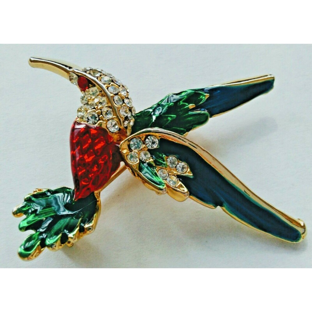 Vintage Rhinestone Hummingbird Brooch Colorful Bling 2"